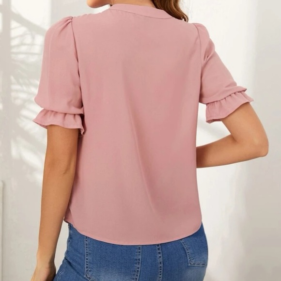 Luxe ruffle trim tie neck blouse dusty pink - Picture 8 of 15